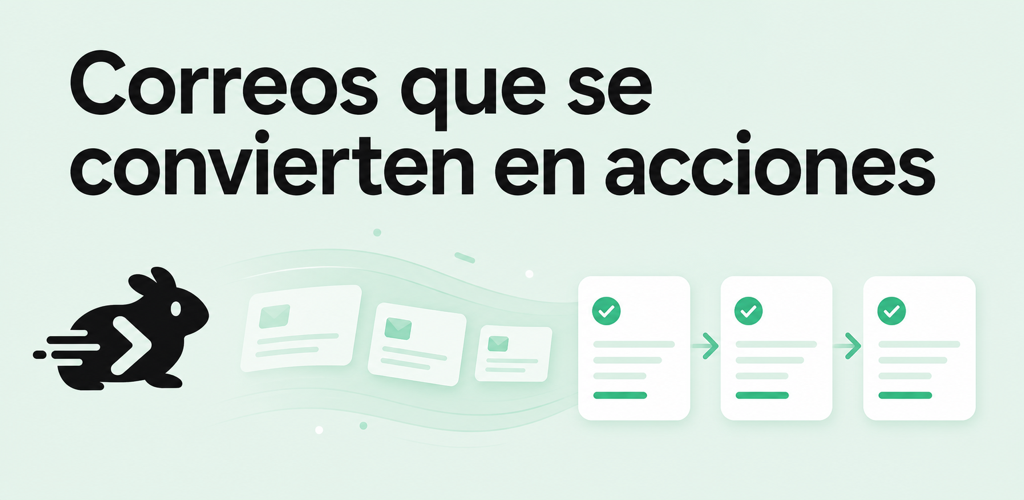 Ilustración de marca de Kuybo: correos que se convierten en acciones; no representa la interfaz de la app